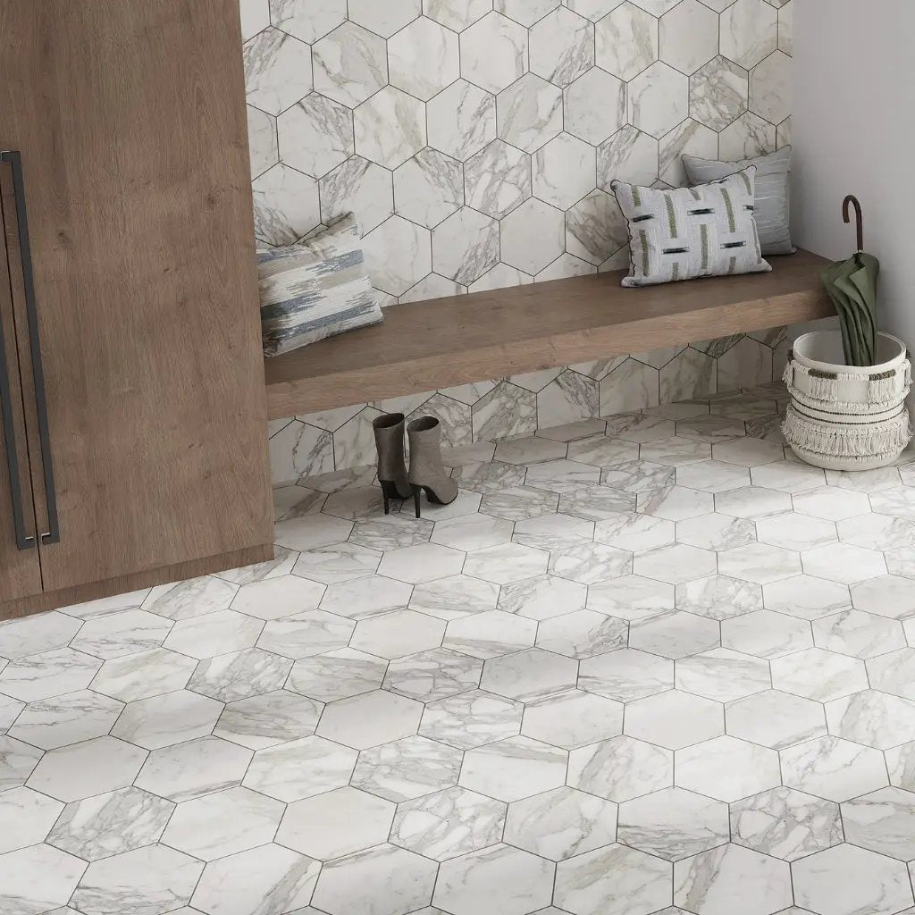 White Gray 10x10 Honed Hexagon Calacatta Gold Marble Tile (5 pack, 2.95 sq ft/case) by Apollo Tile