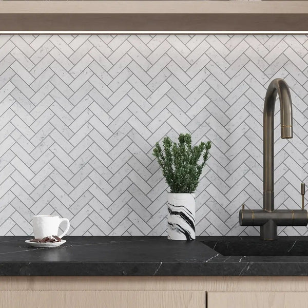 White 12x12 Honed Herringbone Bianco Carrara Marble Mosaic Tile (5 pack, 5.29 sq ft/case)