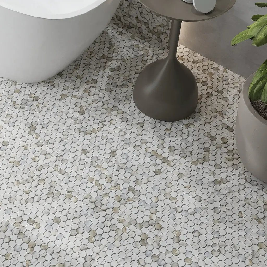 White Gray 11x12 Honed Hexagon Calacatta Gold Marble Mosaic Tile (5 pack, 4.55 sq ft/case) by Apollo Tile