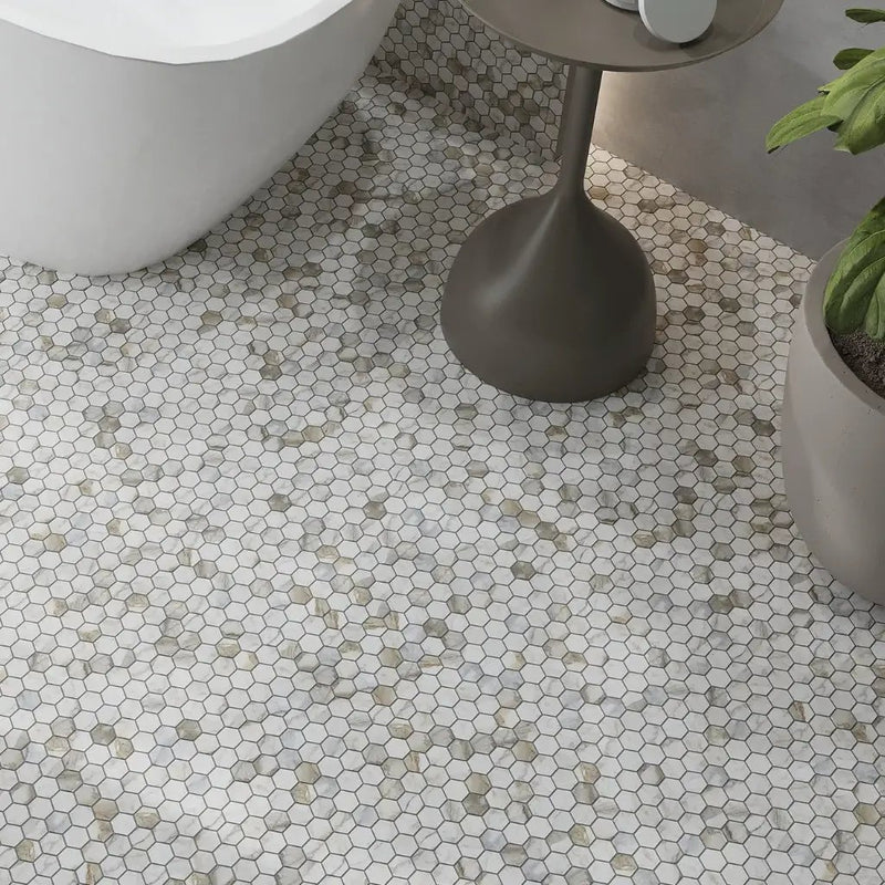 White Gray 11x12 Honed Hexagon Calacatta Gold Marble Mosaic Tile (5 pack, 4.55 sq ft/case) by Apollo Tile
