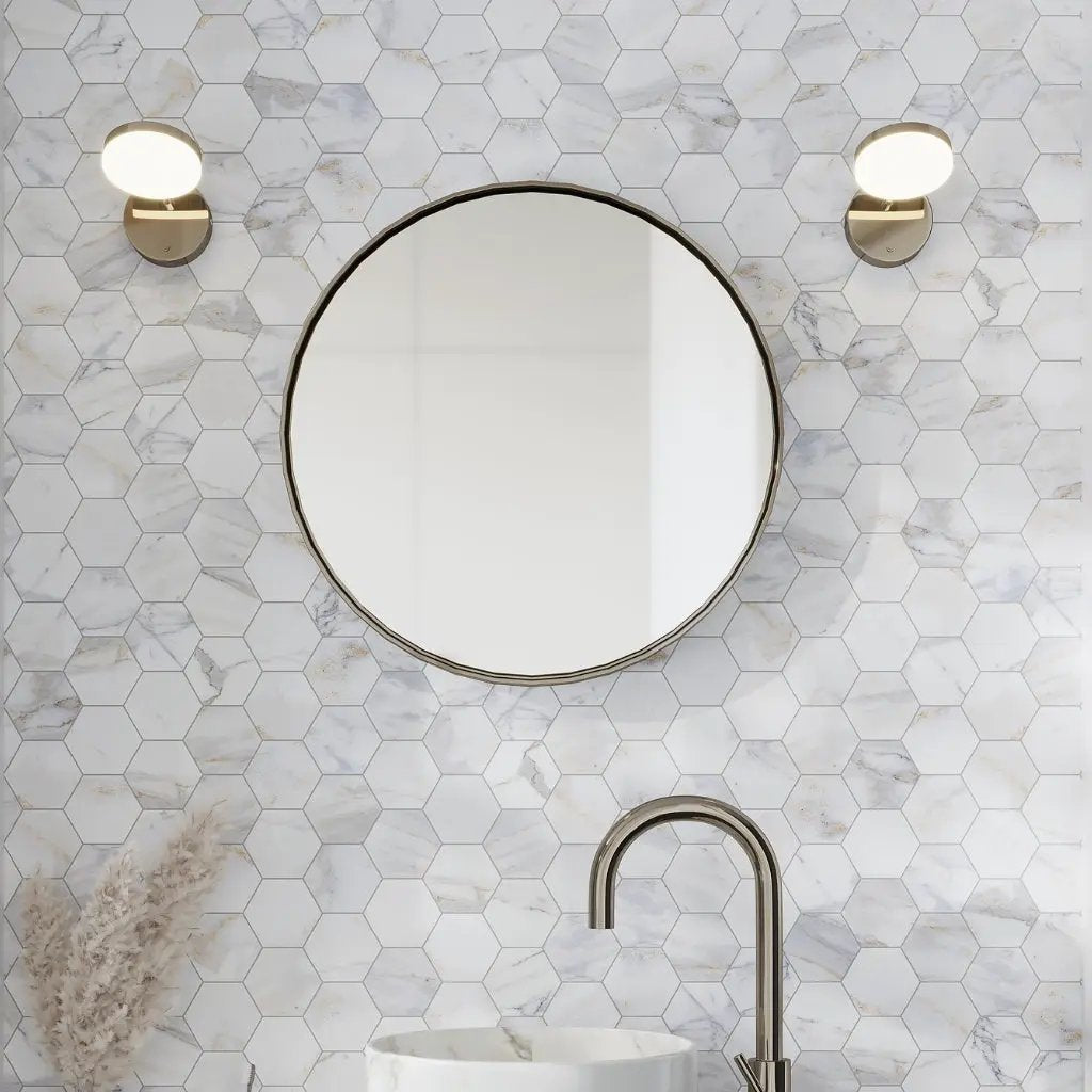 White Gray 10x11 Honed Hexagon Calacatta Gold Marble Mosaic Tile (5 pack, 3.75 sq ft/case) by Apollo Tile