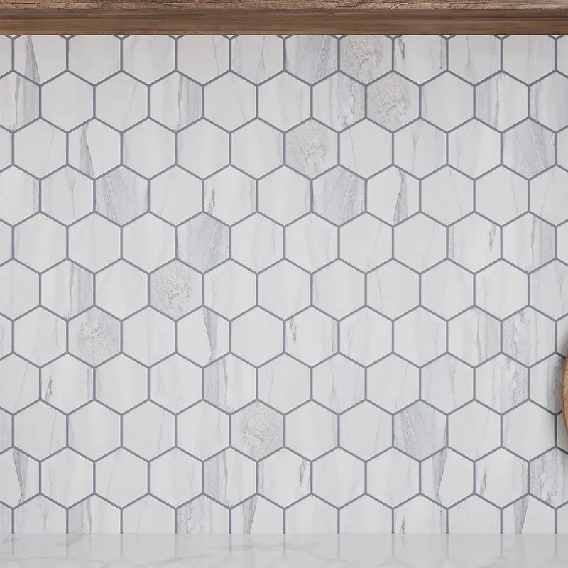 Cotton White 9x13 Polished Hexagon Porcelain Mosaic Tile (9 pack, 7.09 sq ft/case) by Apollo Tile
