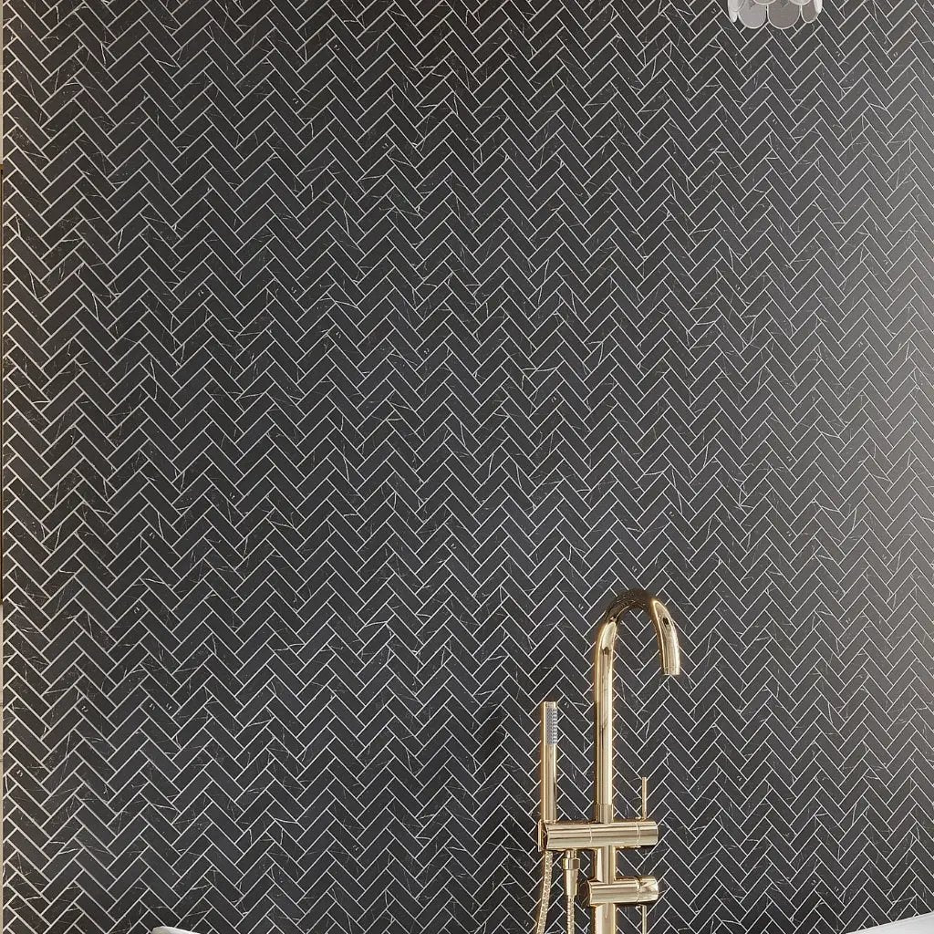 Black with White Vein 11x13 Polished Herringbone Glass Recycled Glass Mosaic Tile (10 pack, 9.63 sq ft/case) by Apollo Tile