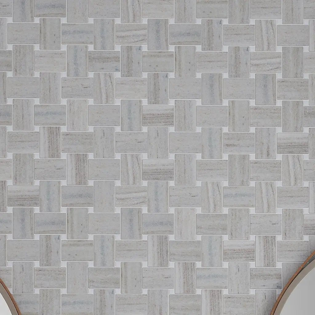 Light Beige with Soft Gray 11x11 Polished Basketweave Crystal Sand Thassoss Marble Mosaic Tile (5 pack, 4.13 sq ft/case) by Apollo Tile