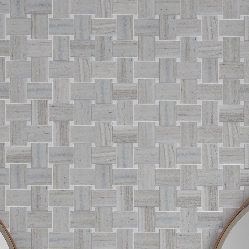 Light Beige with Soft Gray 11x11 Polished Basketweave Crystal Sand Thassoss Marble Mosaic Tile (5 pack, 4.13 sq ft/case) by Apollo Tile