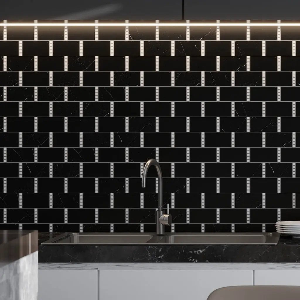 Eastern Black Thassos White 12x13 Polished Brick Marble Mosaic Tile (5 pack, 5.28 sq ft/case) by Apollo Tile