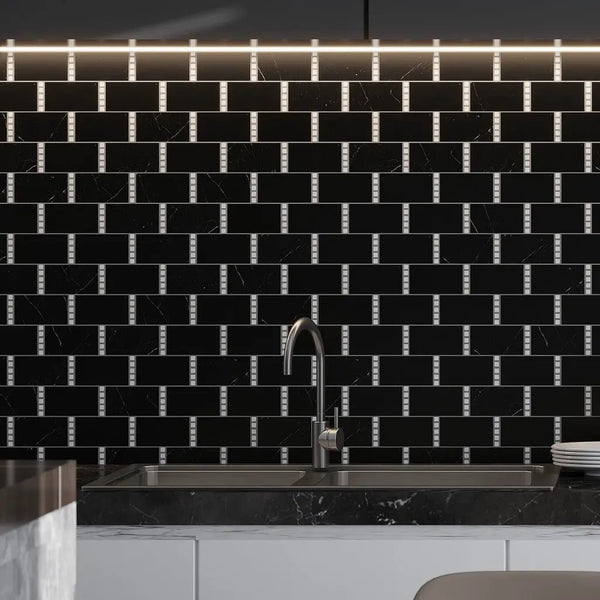 Eastern Black Thassos White 12x13 Polished Brick Marble Mosaic Tile (5 pack, 5.28 sq ft/case)