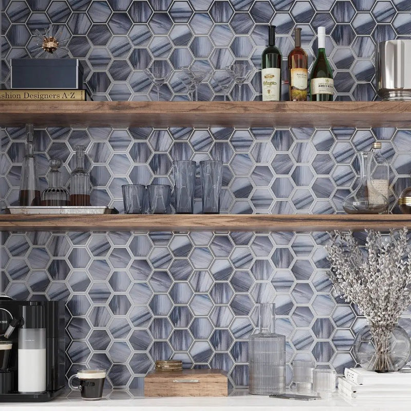 Silver Midnight Blue 9x10 Matte Hexagon Glass Mosaic Tile (5 pack, 3.28 sq ft/case) by Apollo Tile