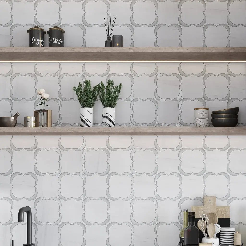 White Gray 11x11 Polished Floral Star Dolomite Glass Marble Mosaic Tile (5 pack, 4.28 sq ft/case) by Apollo Tile