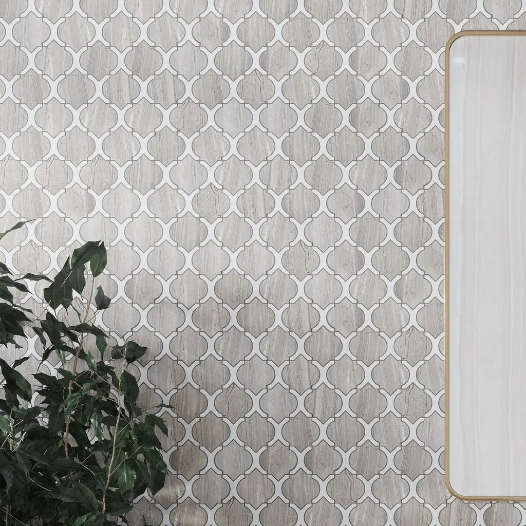Thassos White, Wooden Grey 10x11 Polished Arabesque Marble Mosaic Tile (5 pack, 4 sq ft/case) by Apollo Tile