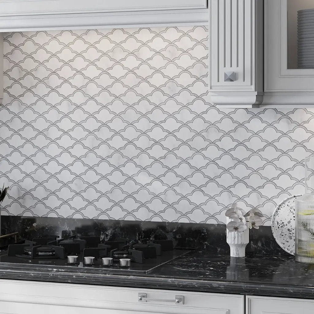 Soft White Gray 9x10 Polished Fan Scalloped Bianco Carrara Marble Mosaic Tile (5 pack, 3.06 sq ft/case) by Apollo Tile