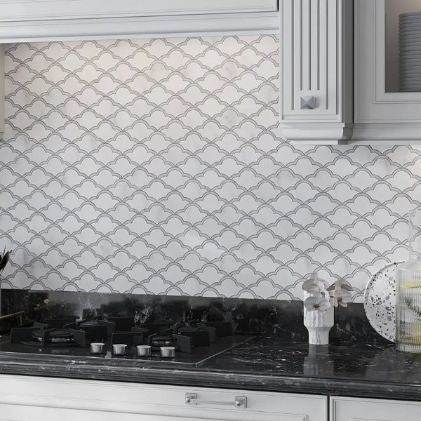Soft White Gray 9x10 Polished Fan Scalloped Bianco Carrara Marble Mosaic Tile (5 pack, 3.06 sq ft/case)