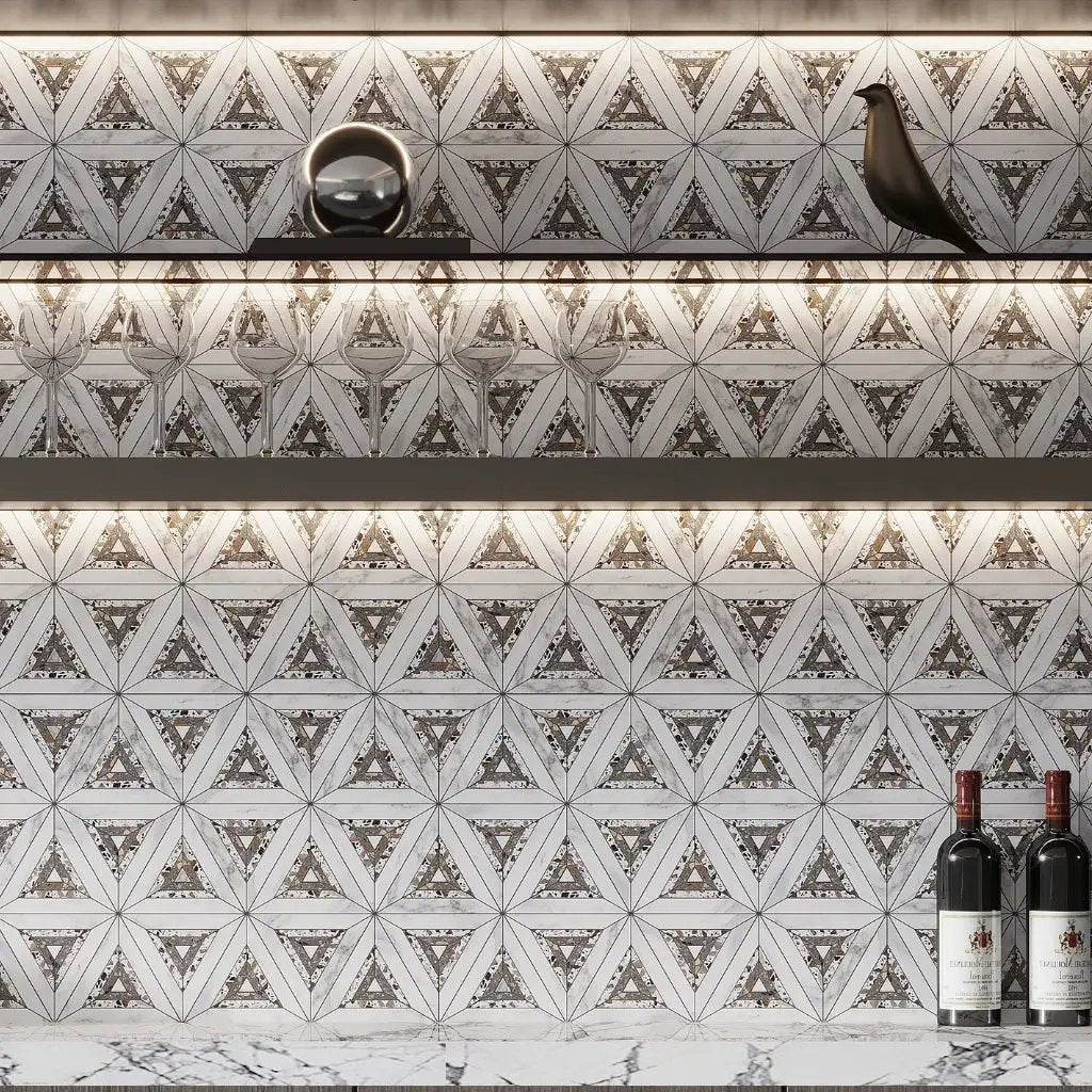White Gray 9x10 Polished Honed Kaleidoscopic Calacatta Gold, Glacier Terrazzo Marble Mosaic Tile (5 pack, 3.14 sq ft/case) by Apollo Tile