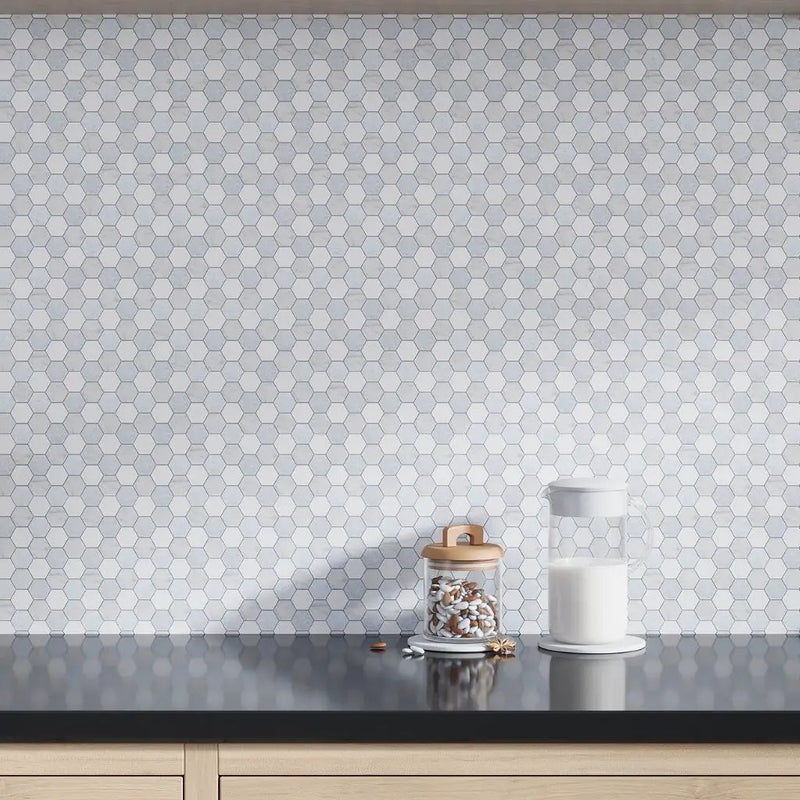 Pristine White Gray 11x12 Polished Hexagon Thassos Carrara Blue Celeste Marble Mosaic Tile (5 pack, 4.59 sq ft/case) by Apollo Tile