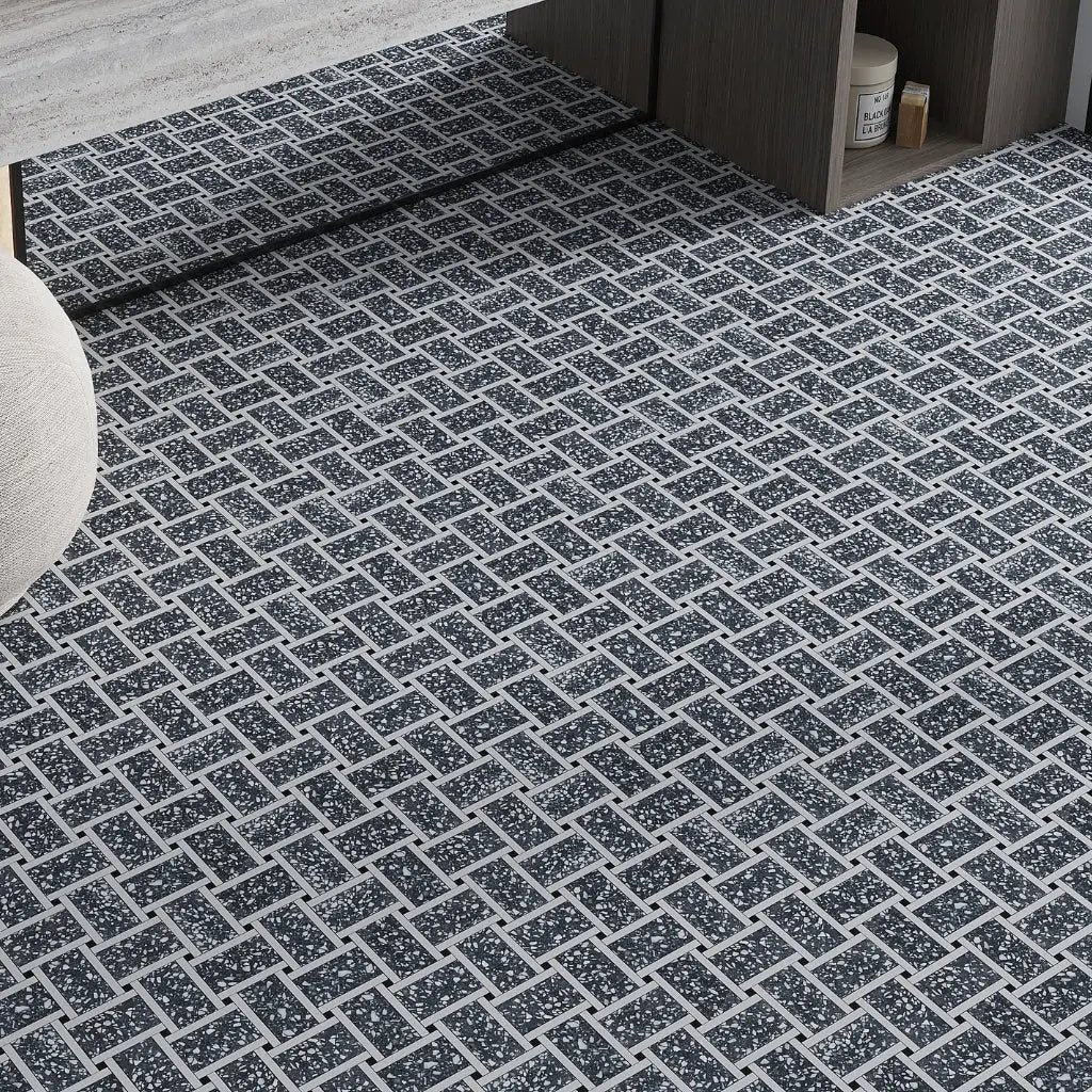 Charcoal Gray White 12x12 Honed Basketweave Terrazzo Dolomite Limestone Marble Mosaic Tile (5 pack, 5.08 sq ft/case) by Apollo Tile