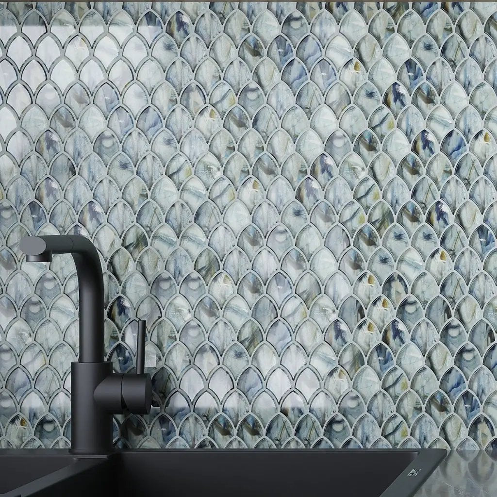 Blue 11x11 Glossy Fan Fish Scale Glass Mosaic Tile (10 pack, 8.48 sq ft/case) by Apollo Tile