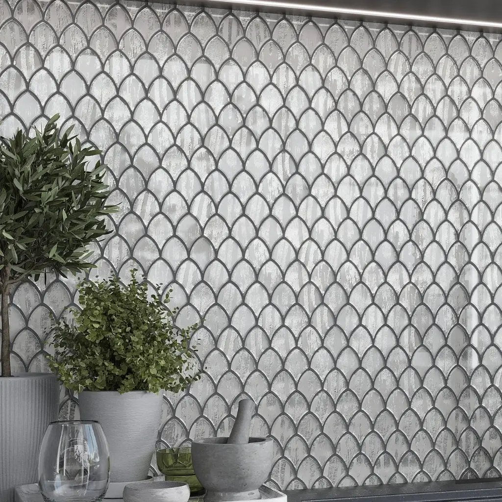Silver 11x11 Glossy Fan Fish Scale Glass Mosaic Tile (10 pack, 8.48 sq ft/case) by Apollo Tile
