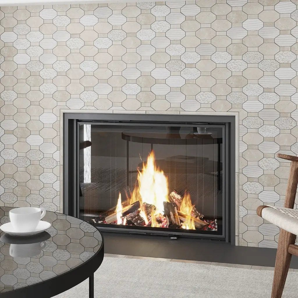 Beige 11x12 Polished Etched Hexagon Crema Marfil Marble Mosaic Tile (5 pack, 4.66 sq ft/case) by Apollo Tile