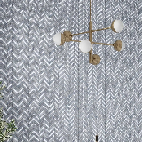 Flint Gray 11x12 Polished Herringbone Bardiglio Nuvolato Bianco Carrara Marble Mosaic Tile (5 pack, 4.51 sq ft/case)