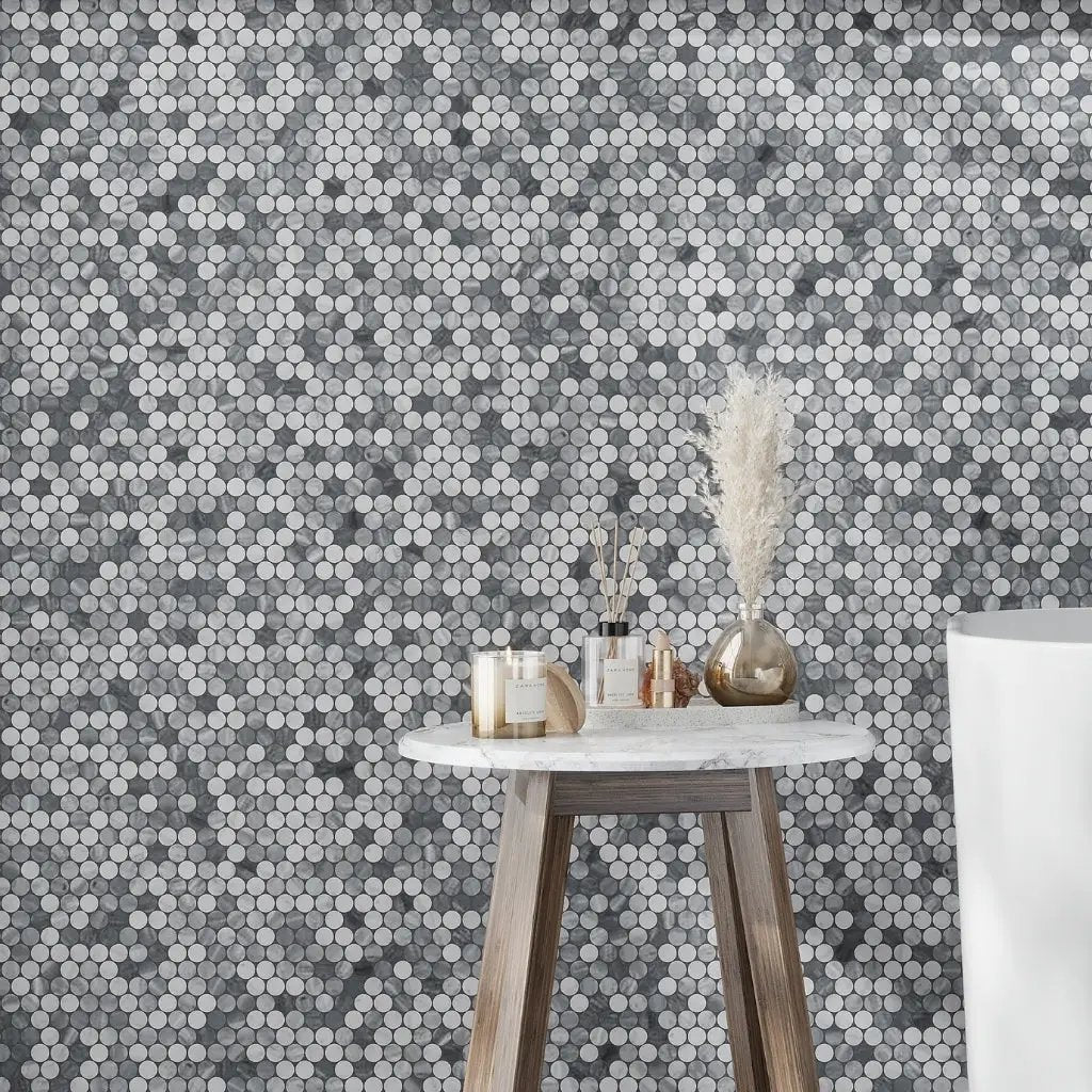 White Gray 11x12 Polished Penny Round Bardiglio Nuvolato Carrara Marble Mosaic Tile (5 pack, 4.83 sq ft/case) by Apollo Tile
