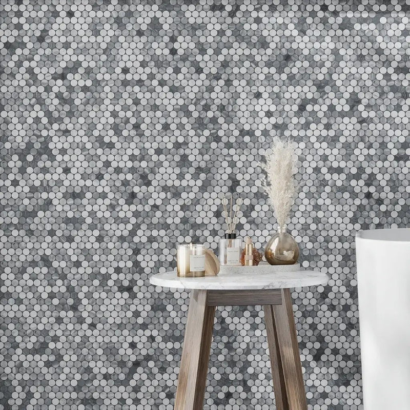 White Gray 11x12 Polished Penny Round Bardiglio Nuvolato Carrara Marble Mosaic Tile (5 pack, 4.83 sq ft/case) by Apollo Tile