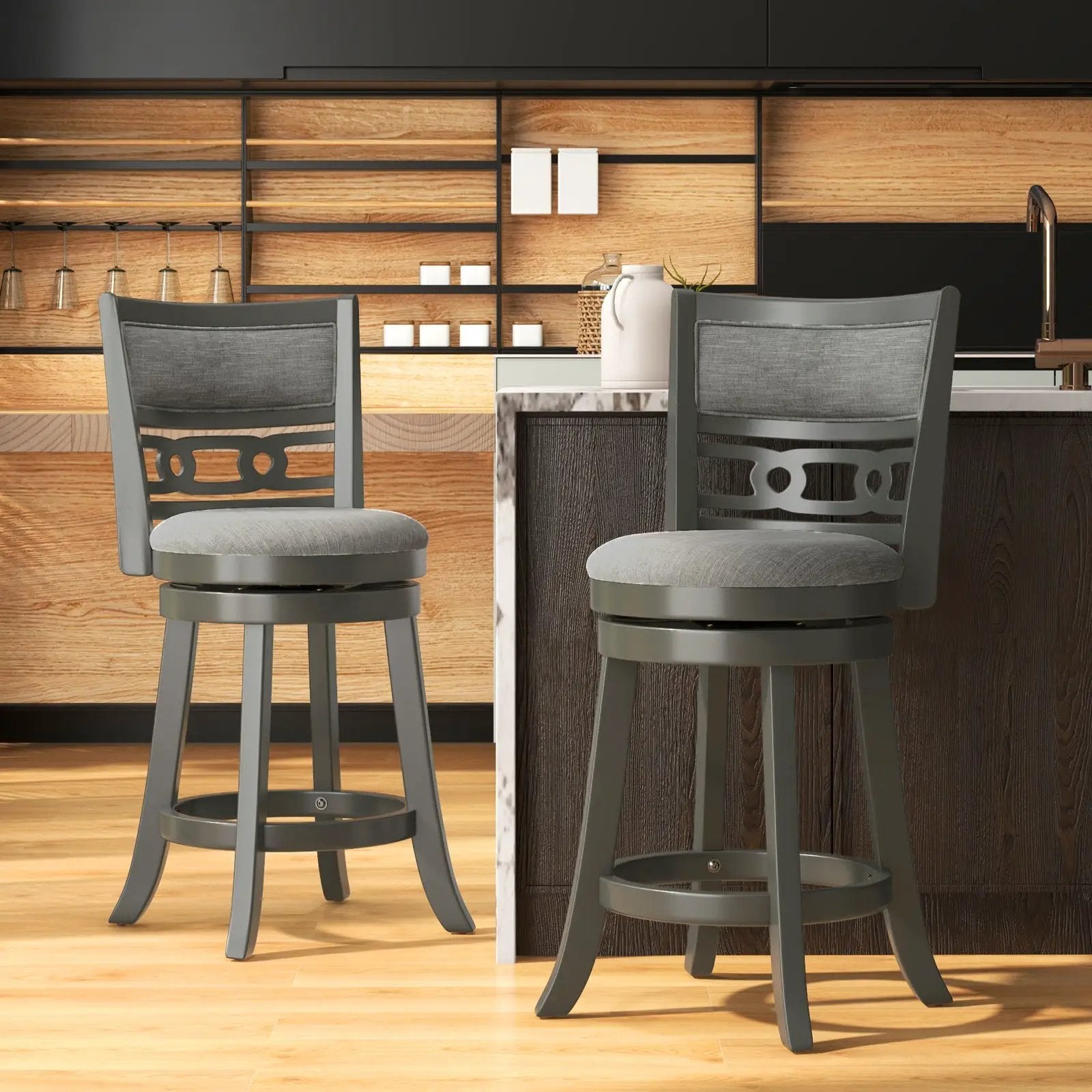 26" Counter Height Bar Chair with Wooden Frame Swivel Seat and Footrest for Pub Bar Restaurant by DirectDeals