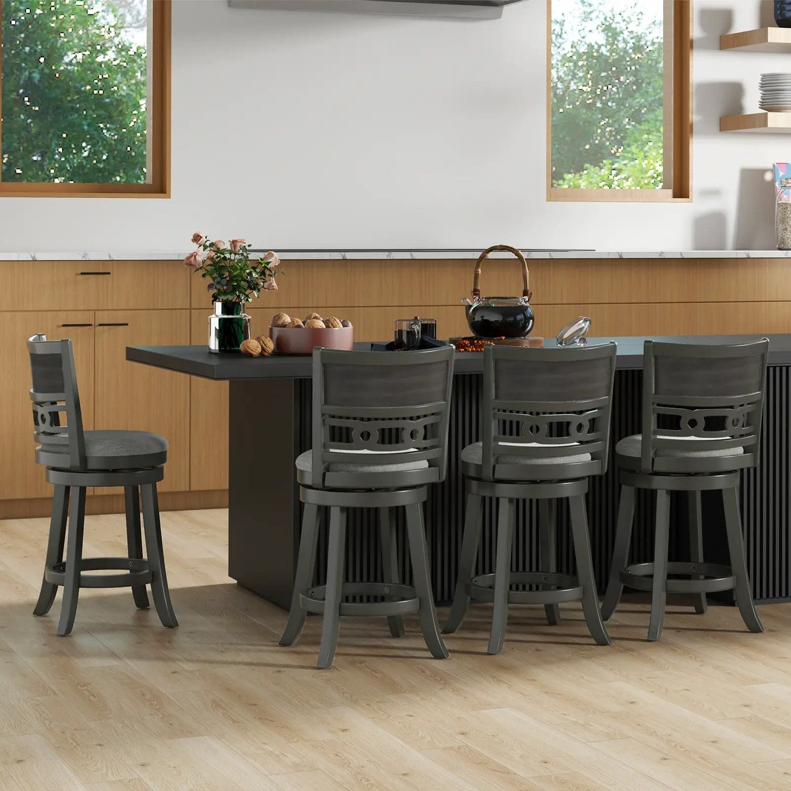 26" Counter Height Bar Chair with Wooden Frame Swivel Seat and Footrest for Pub Bar Restaurant by DirectDeals