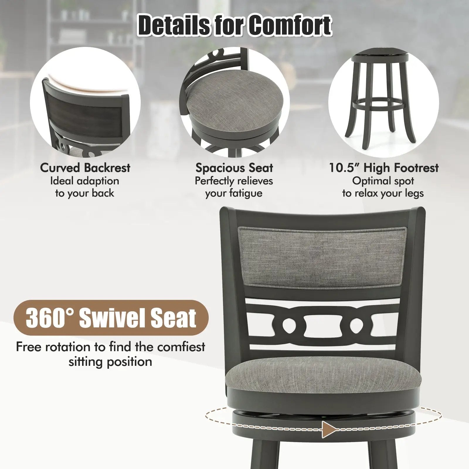 26" Counter Height Bar Chair with Wooden Frame Swivel Seat and Footrest for Pub Bar Restaurant by DirectDeals