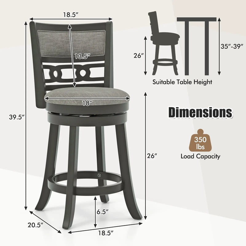 26" Counter Height Bar Chair with Wooden Frame Swivel Seat and Footrest for Pub Bar Restaurant by DirectDeals