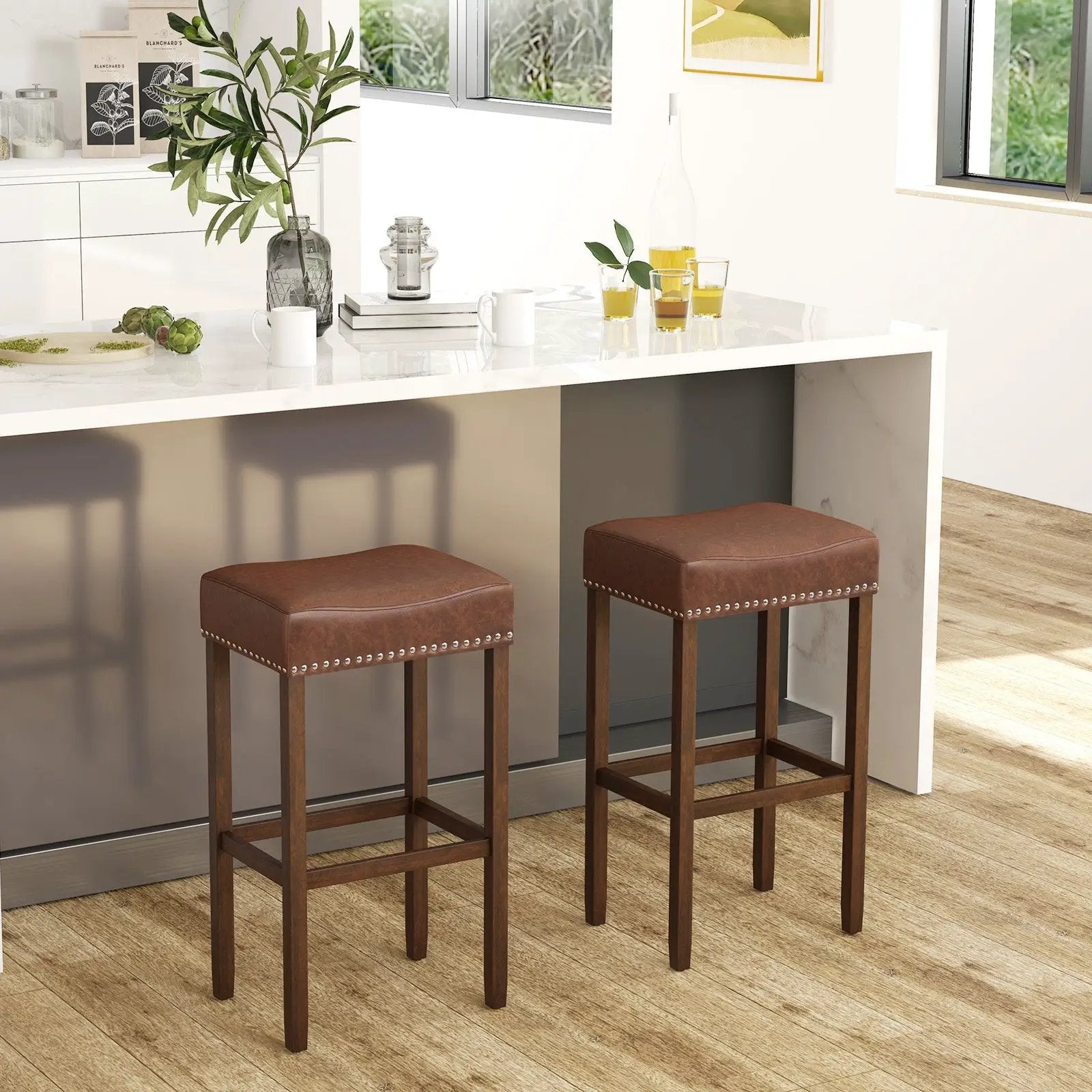 Upholstered Bar Stools Set of 2 with Footrests for Counter by DirectDeals