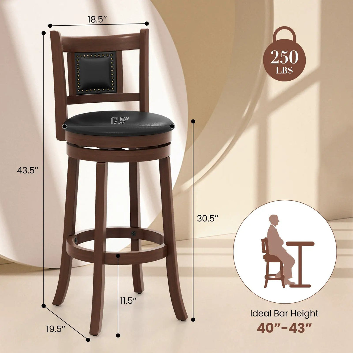 25.5 Inch/30.5 Inch Upholstered Bar Stools Set of 2 with Curved Backrest and Footrest, photo 3 of 9