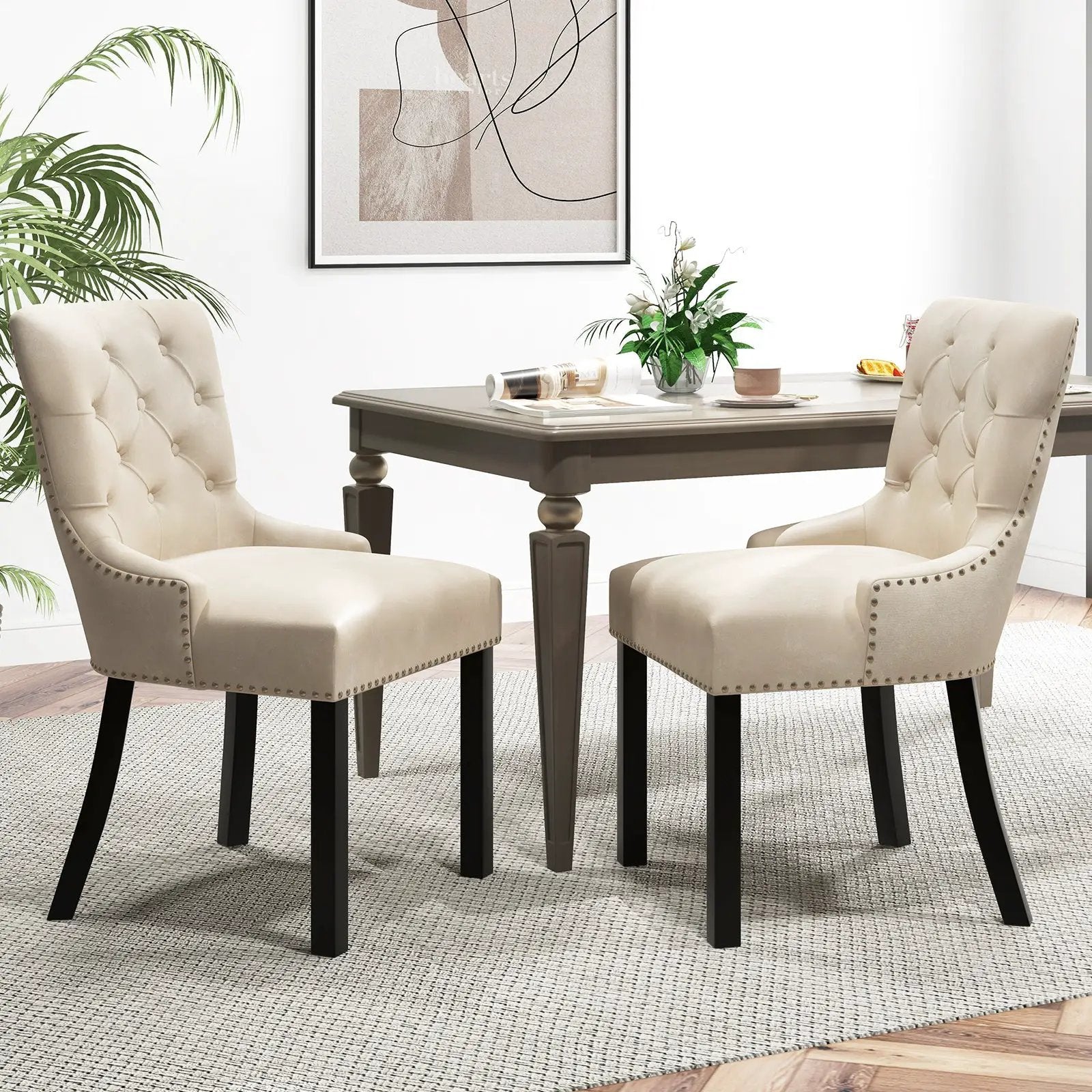 Upholstered Dining Chairs Set of 2 Tufted Wingback Chairs with Rubber Wood Legs by DirectDeals