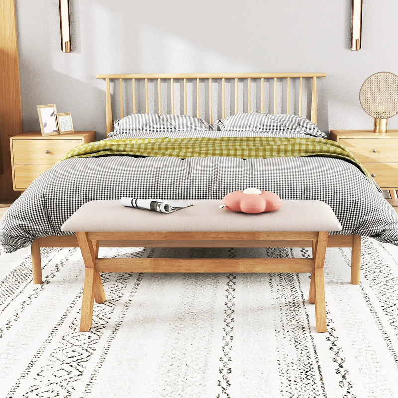 Upholstered Entryway Bench Rubber Wood Bench with Thick Padded Seat-Natural by DirectDeals