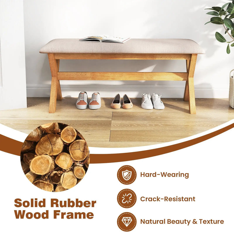 Upholstered Entryway Bench Rubber Wood Bench with Thick Padded Seat-Natural by DirectDeals