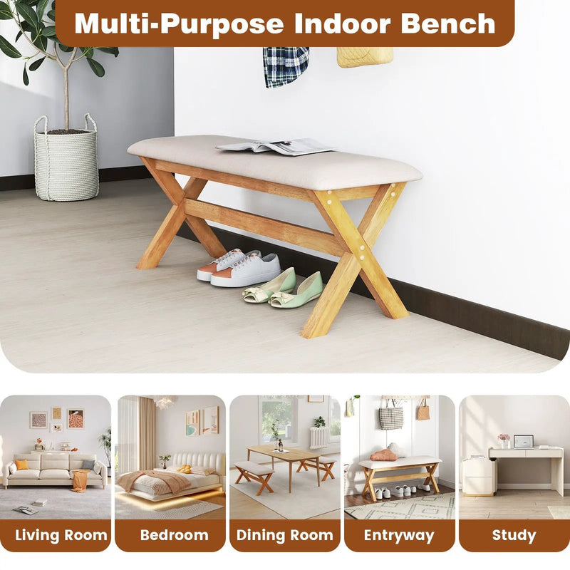 Upholstered Entryway Bench Rubber Wood Bench with Thick Padded Seat-Natural by DirectDeals