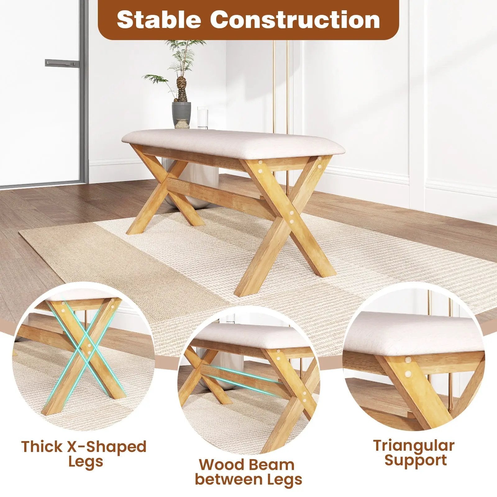 Upholstered Entryway Bench Rubber Wood Bench with Thick Padded Seat-Natural by DirectDeals
