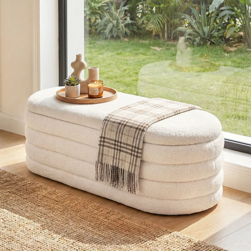 Upholstered Fabric Storage Ottoman Bench for End of Bed with 2 Struts-White by DirectDeals