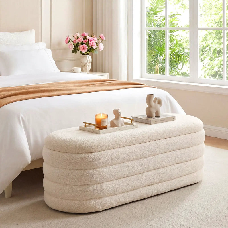 Upholstered Fabric Storage Ottoman Bench for End of Bed with 2 Struts-White by DirectDeals