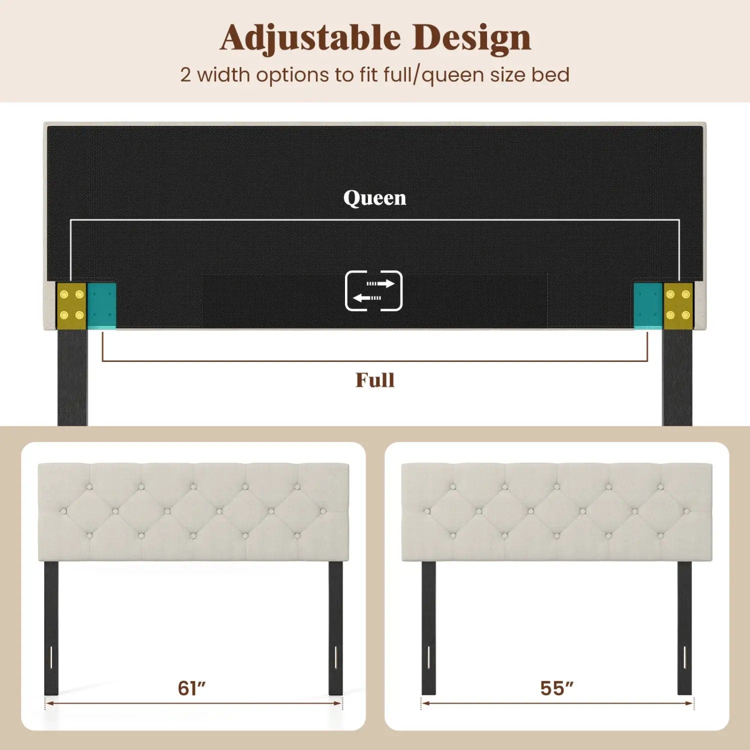Upholstered Tufted Headboard Queen/Full Size with Adjustable Legs by DirectDeals