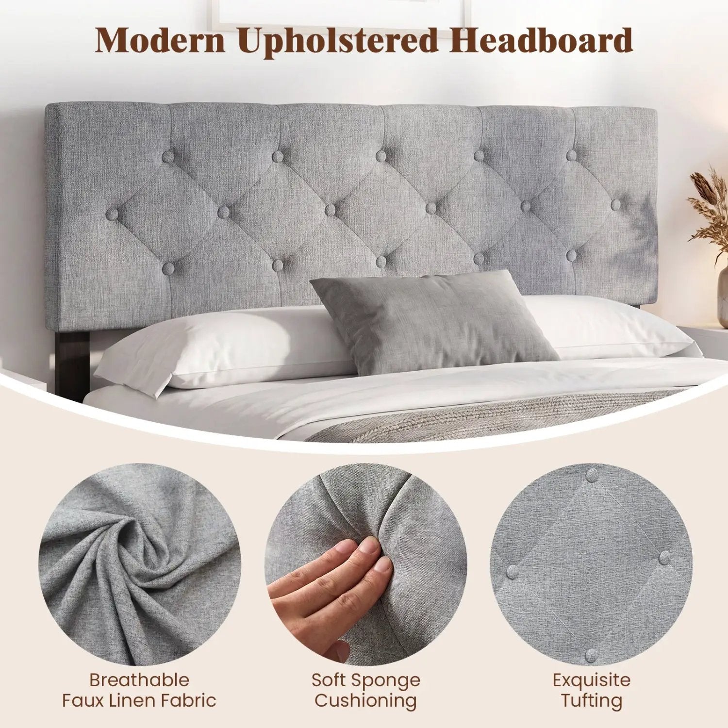 Upholstered Tufted Headboard Queen/Full Size with Adjustable Legs by DirectDeals