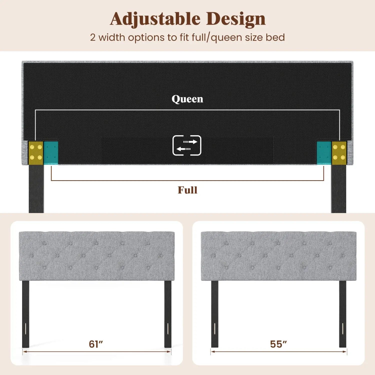 Upholstered Tufted Headboard Queen/Full Size with Adjustable Legs by DirectDeals
