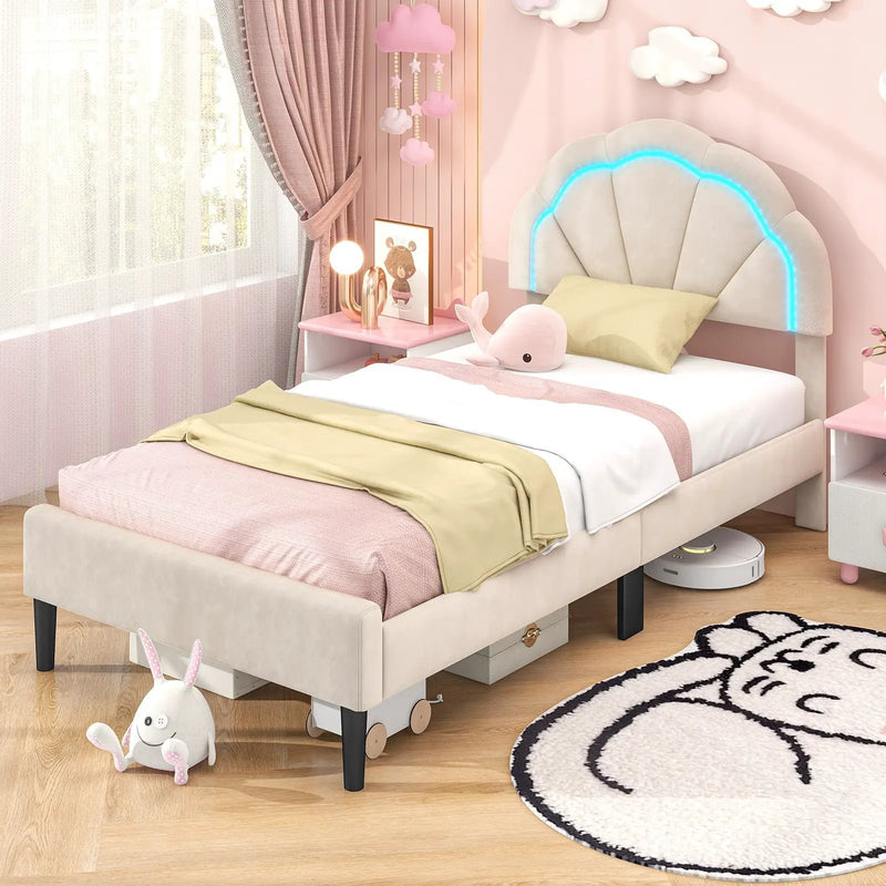 Upholstered LED Bed Frame with Adjustable Flower Headboard and Metal Support Feet-Twin Size by DirectDeals