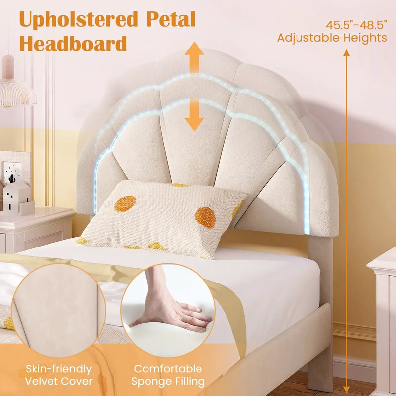 Upholstered LED Bed Frame with Adjustable Flower Headboard and Metal Support Feet-Twin Size by DirectDeals