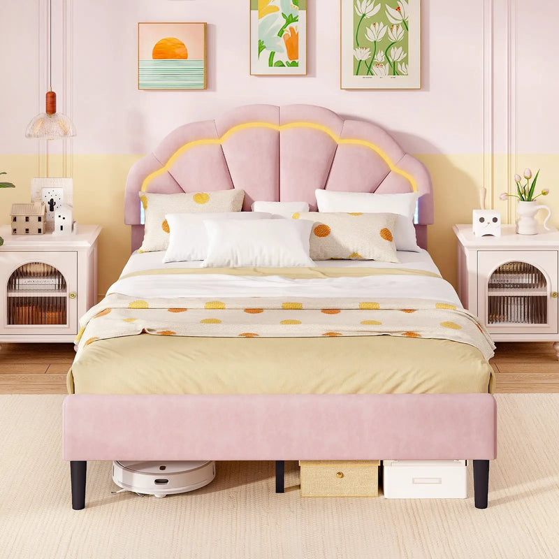 Upholstered LED Bed Frame with Adjustable Flower Headboard and Metal Support Feet Pink by DirectDeals