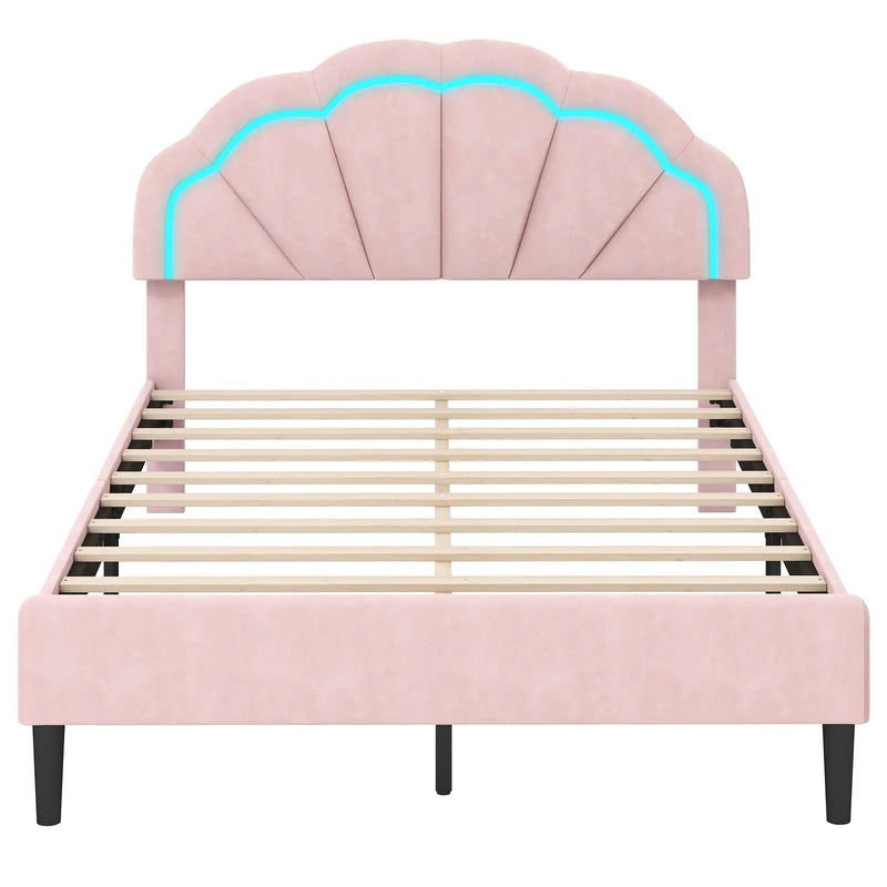 Upholstered LED Bed Frame with Adjustable Flower Headboard and Metal Support Feet Pink by DirectDeals