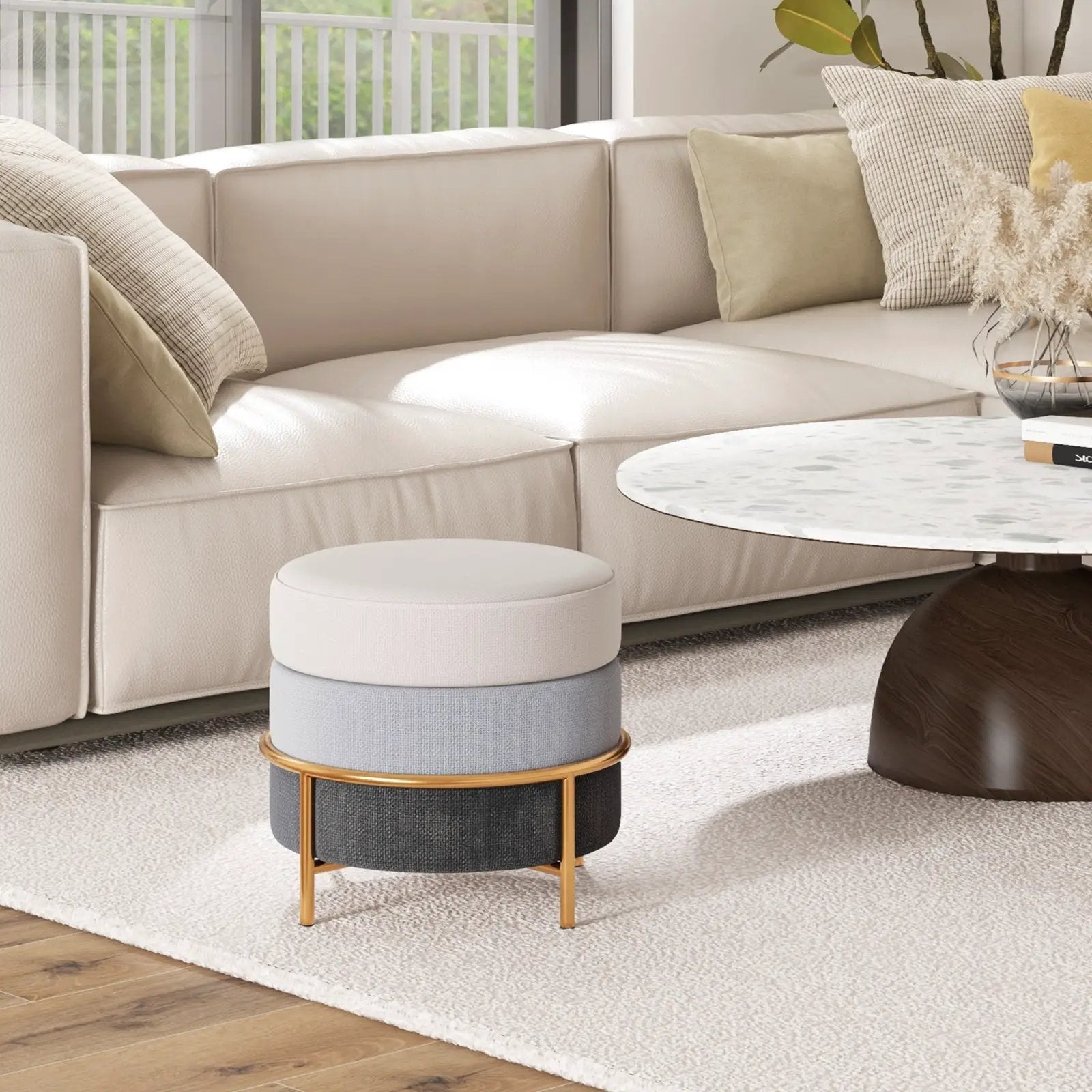 Upholstered Linen Fabric Ottoman with Gold Metal Legs and Anti-slip Foot Pads-Gray by DirectDeals