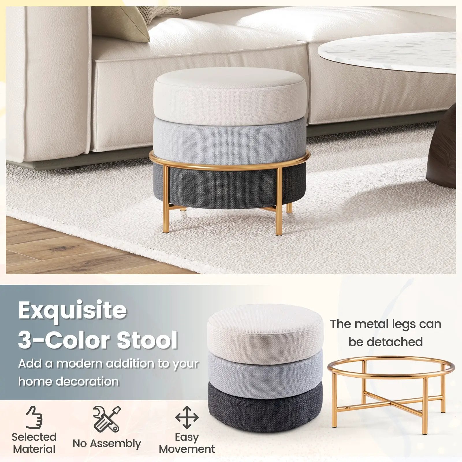 Upholstered Linen Fabric Ottoman with Gold Metal Legs and Anti-slip Foot Pads-Gray by DirectDeals