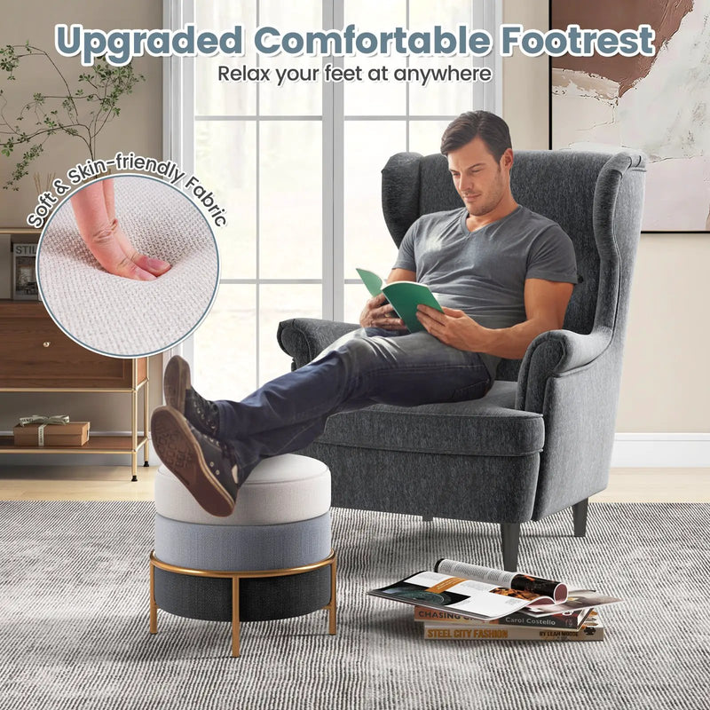 Upholstered Linen Fabric Ottoman with Gold Metal Legs and Anti-slip Foot Pads-Gray by DirectDeals