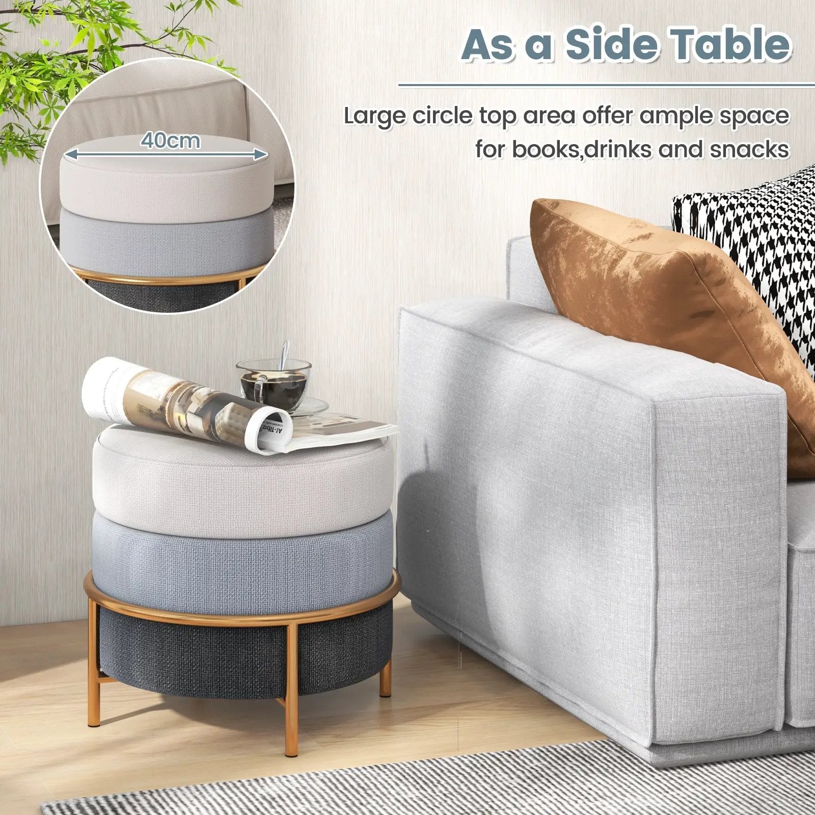 Upholstered Linen Fabric Ottoman with Gold Metal Legs and Anti-slip Foot Pads-Gray by DirectDeals