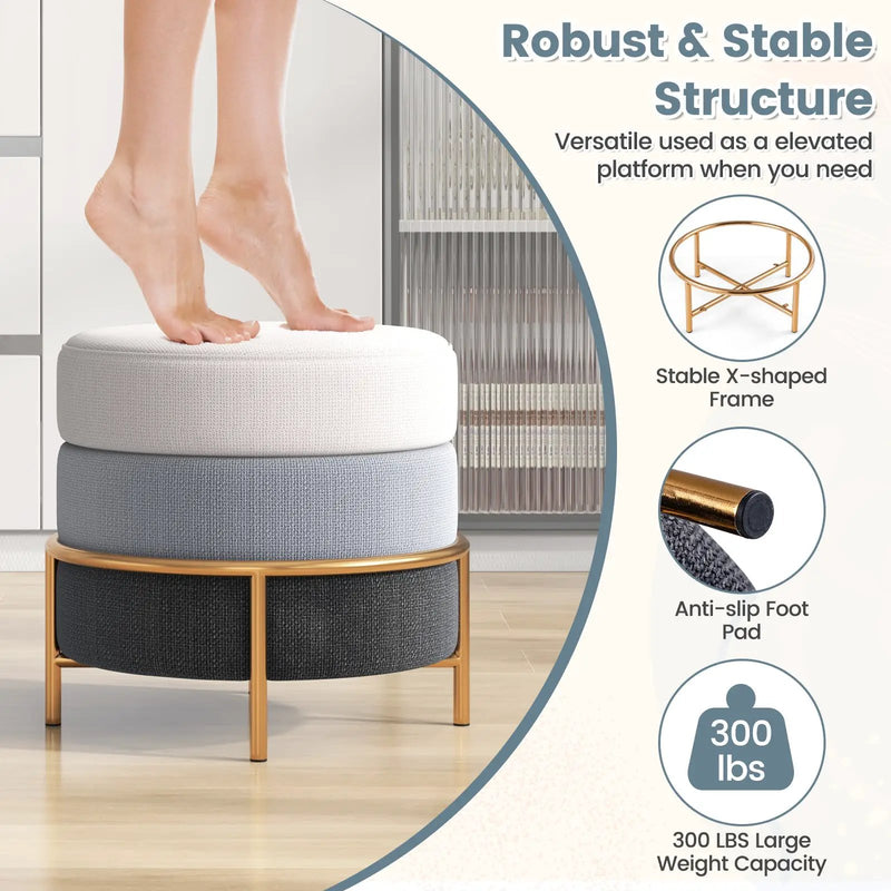 Upholstered Linen Fabric Ottoman with Gold Metal Legs and Anti-slip Foot Pads-Gray by DirectDeals